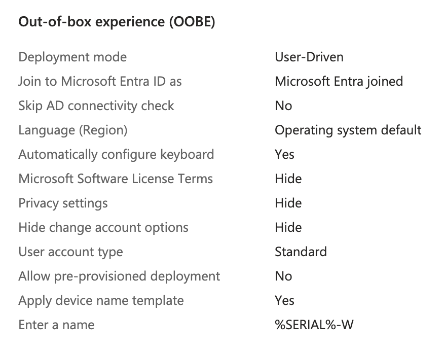 Deployment profile OOBE settings summary
