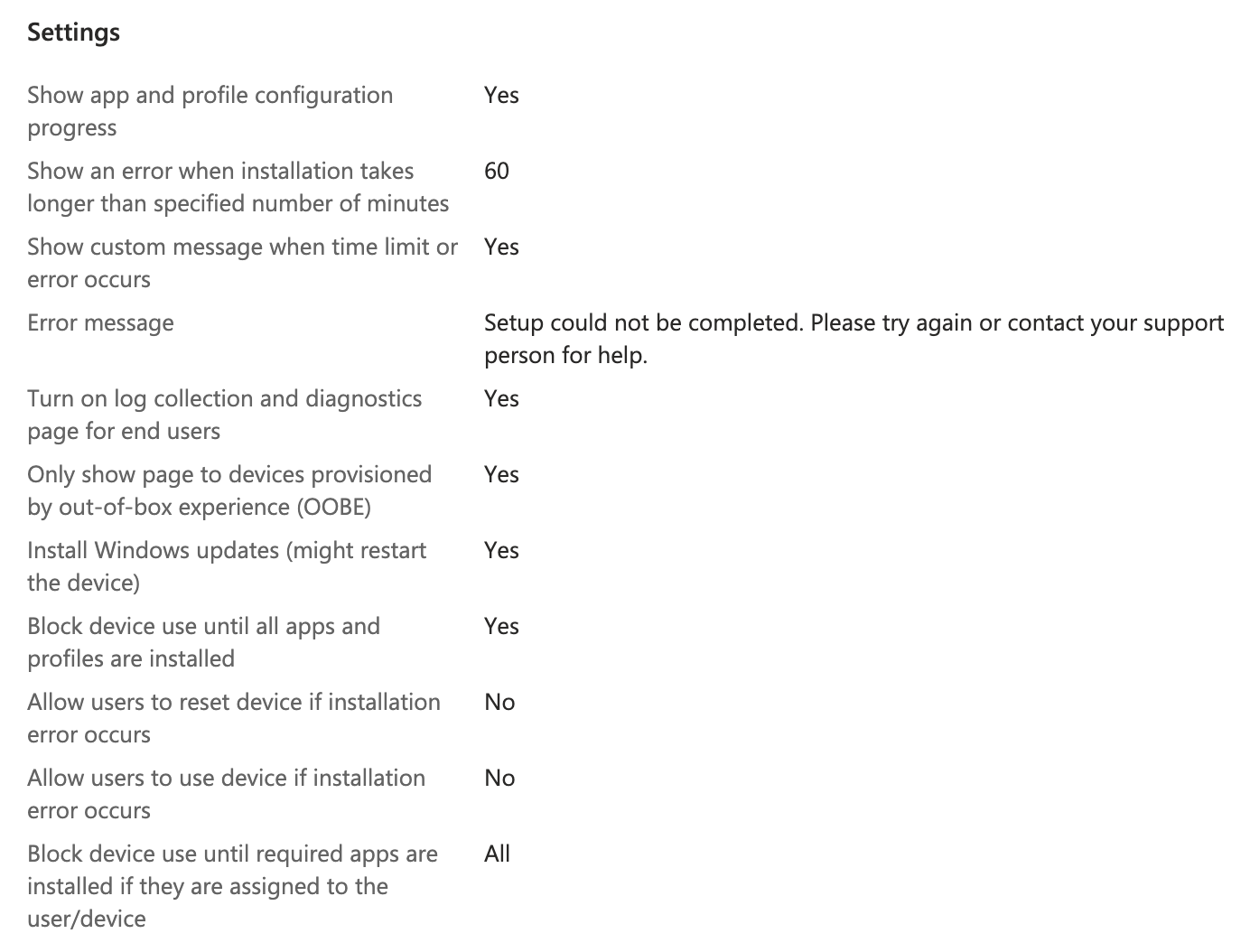 Enrollment Status Page settings summary