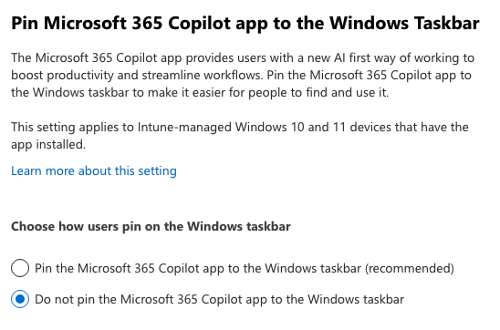 Microsoft 365 Copilot taskbar pin settings