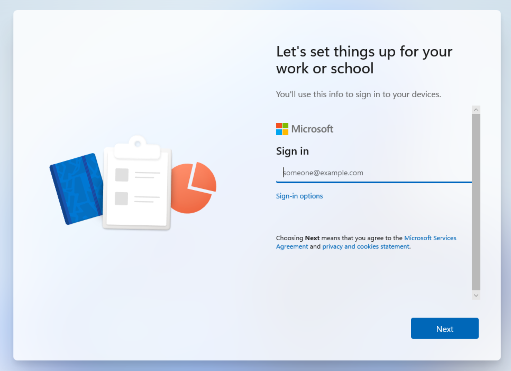 Windows OOBE Microsoft account sign-in screen