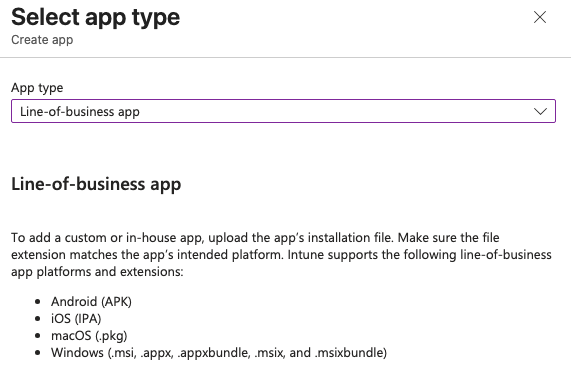Intune app creation menu showing line-of-business option