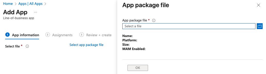 App package file upload screen