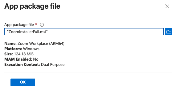 Zoom installer file selected for upload