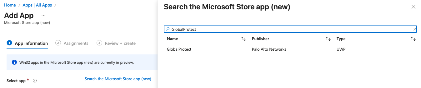 Microsoft Store app search for GlobalProtect