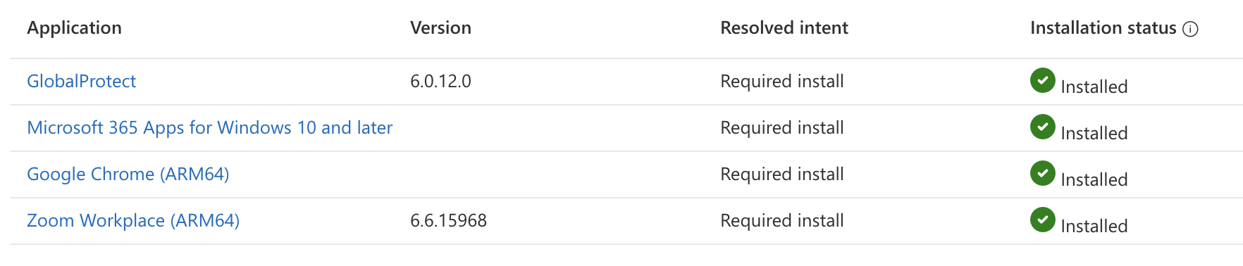 Managed apps list in Intune portal for device
