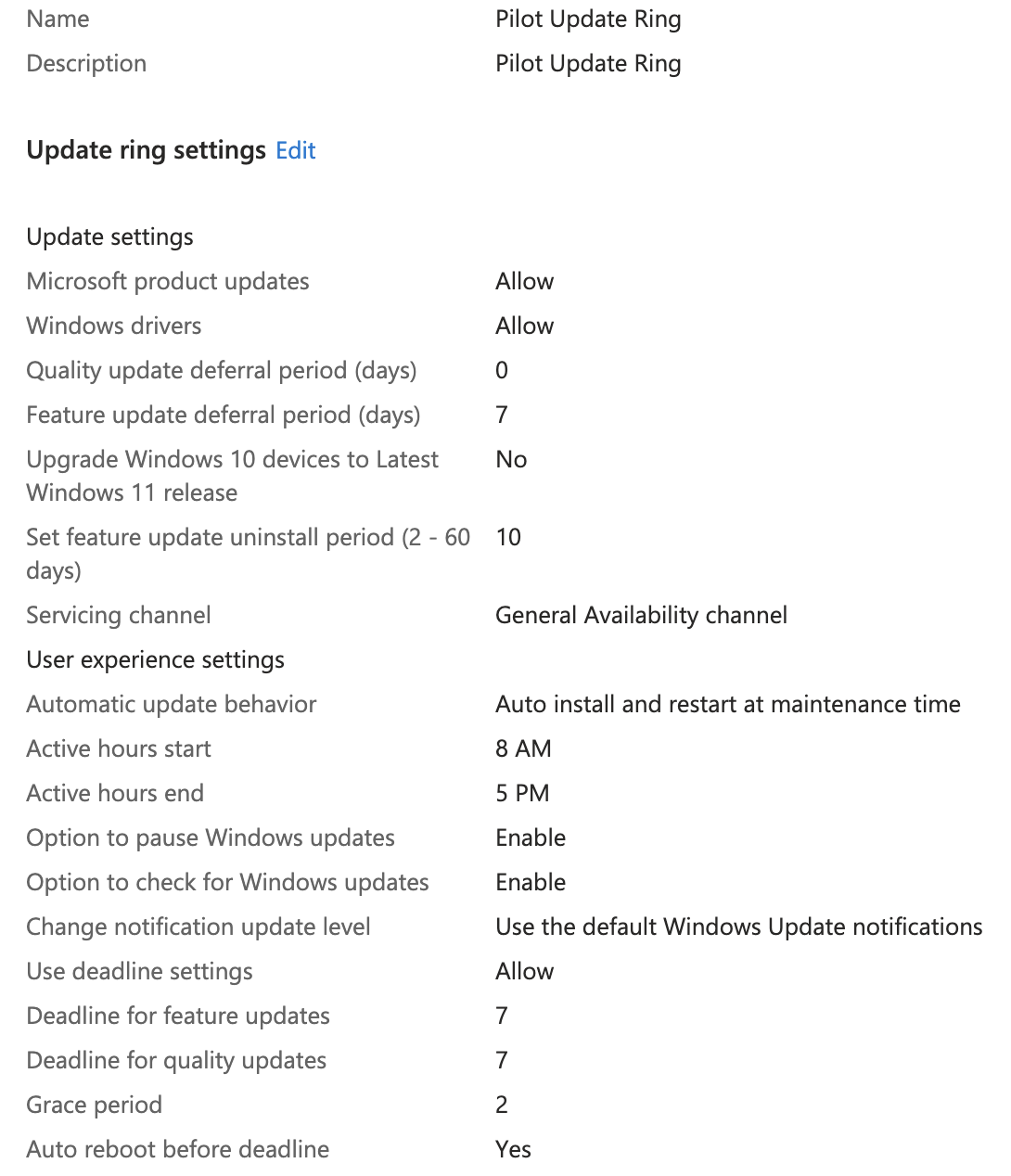 Broad Update Ring configuration settings