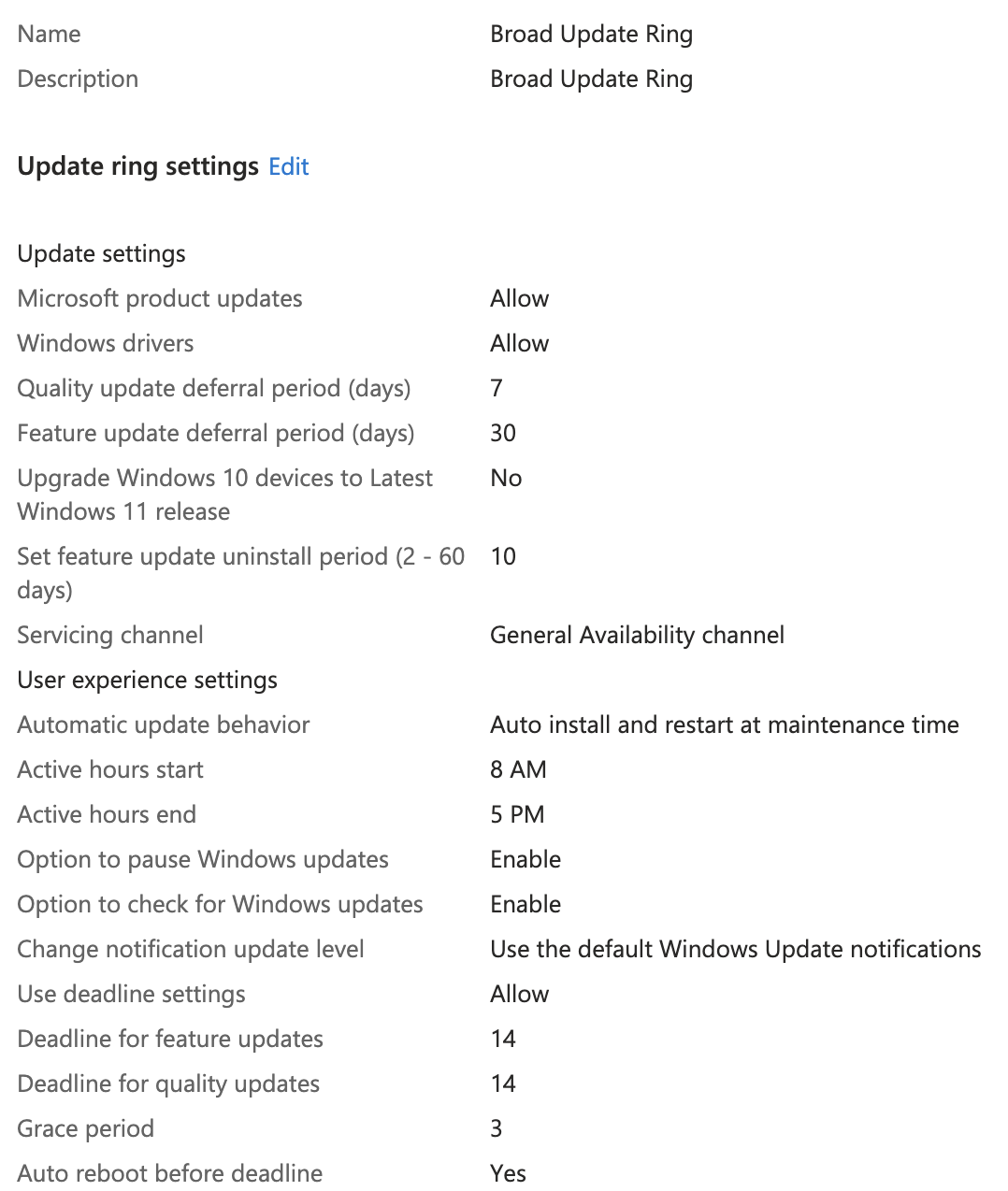 Update rings list in Intune portal
