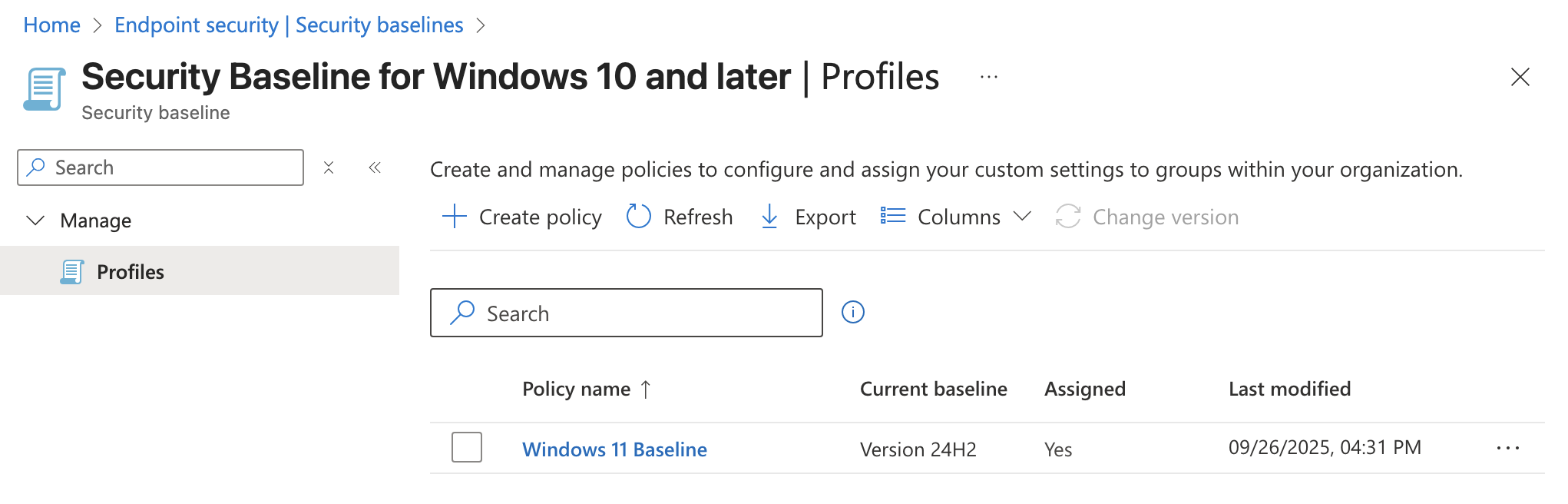 Security baseline configuration settings