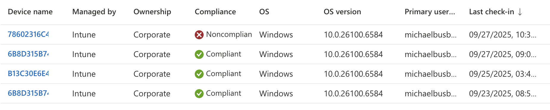 Device list showing non-compliant device status