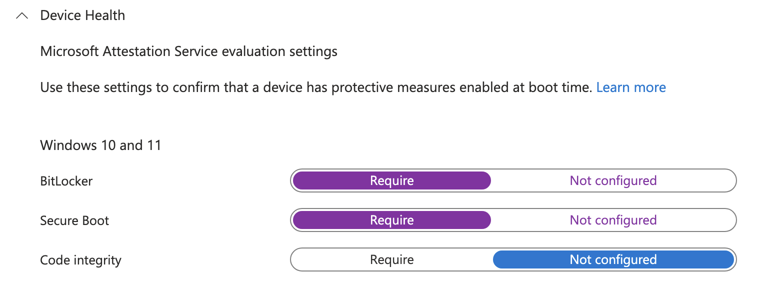 Device Health settings requiring BitLocker and Secure Boot