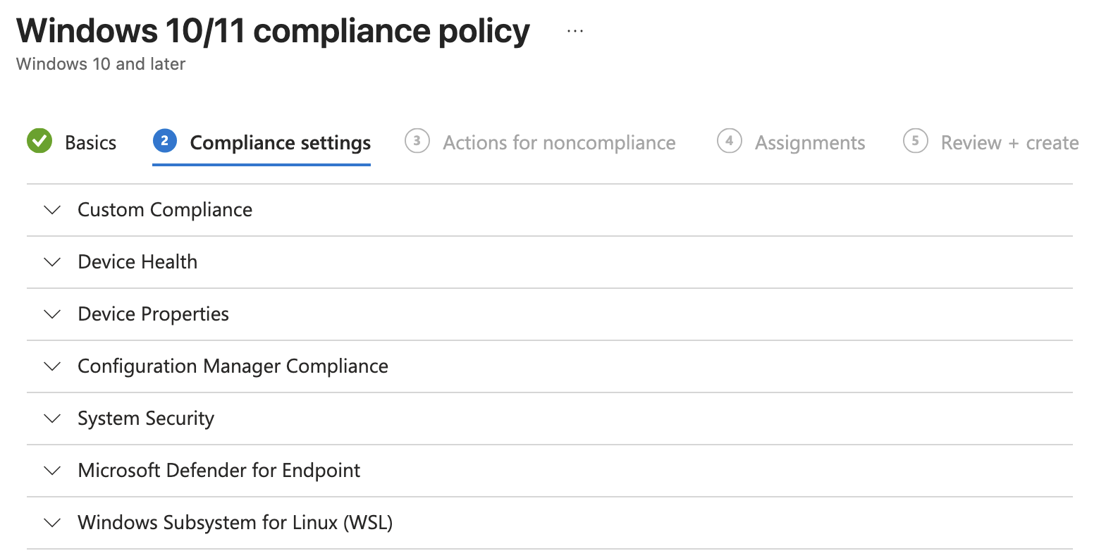 Compliance policy settings categories