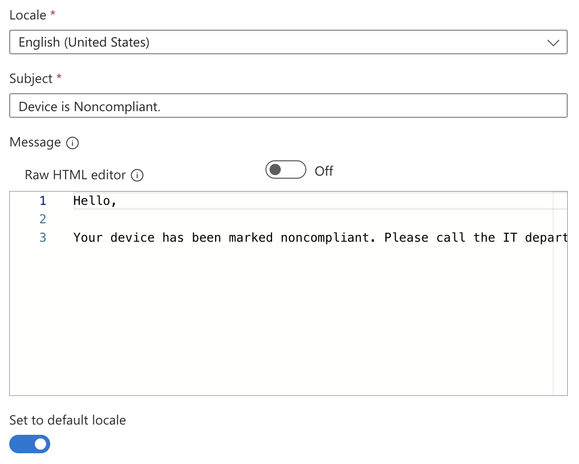 Non-compliance email notification template settings