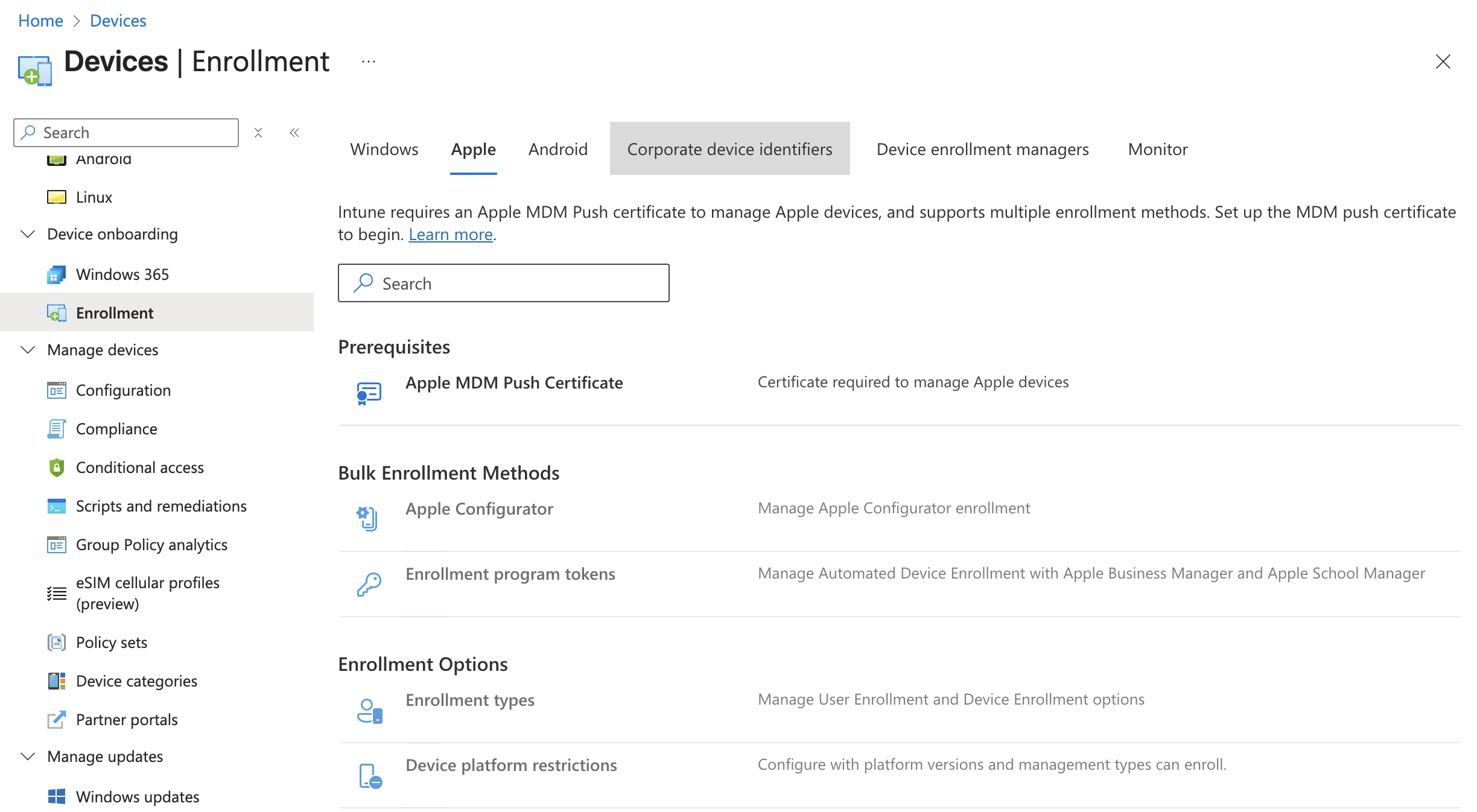 Apple MDM Push Certificate page in Intune