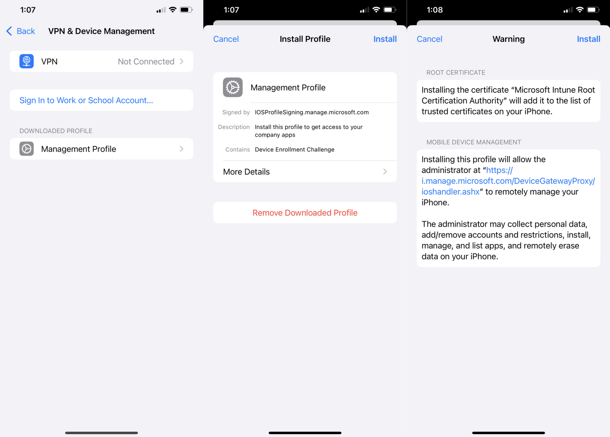 Download management profile prompt with security delay