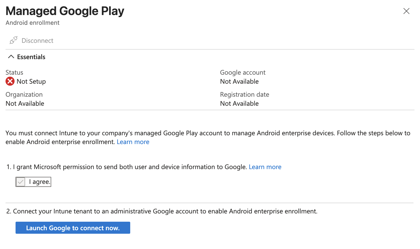 Managed Google Play connection screen in Intune
