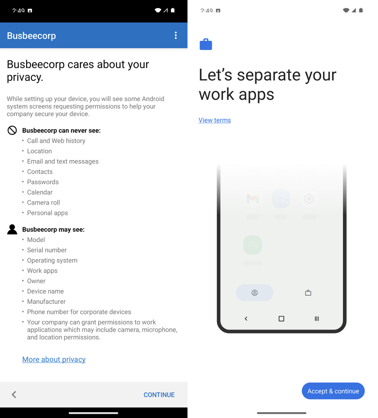 Android enrollment process overview screen