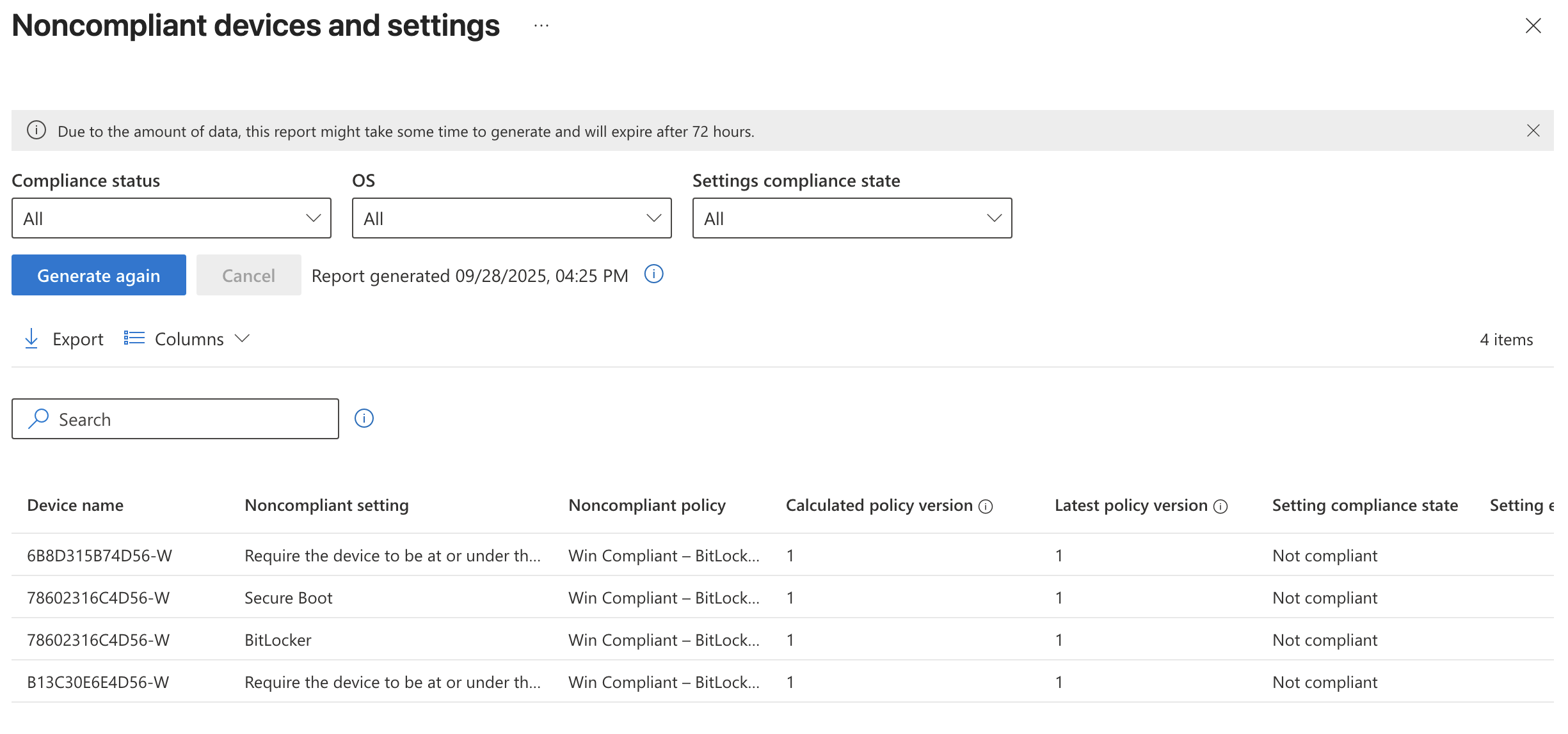 Noncompliant devices and settings report