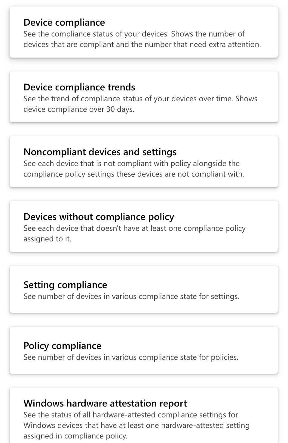 List of built-in device compliance reports