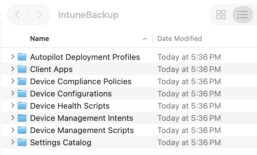 IntuneBackup folder contents on desktop